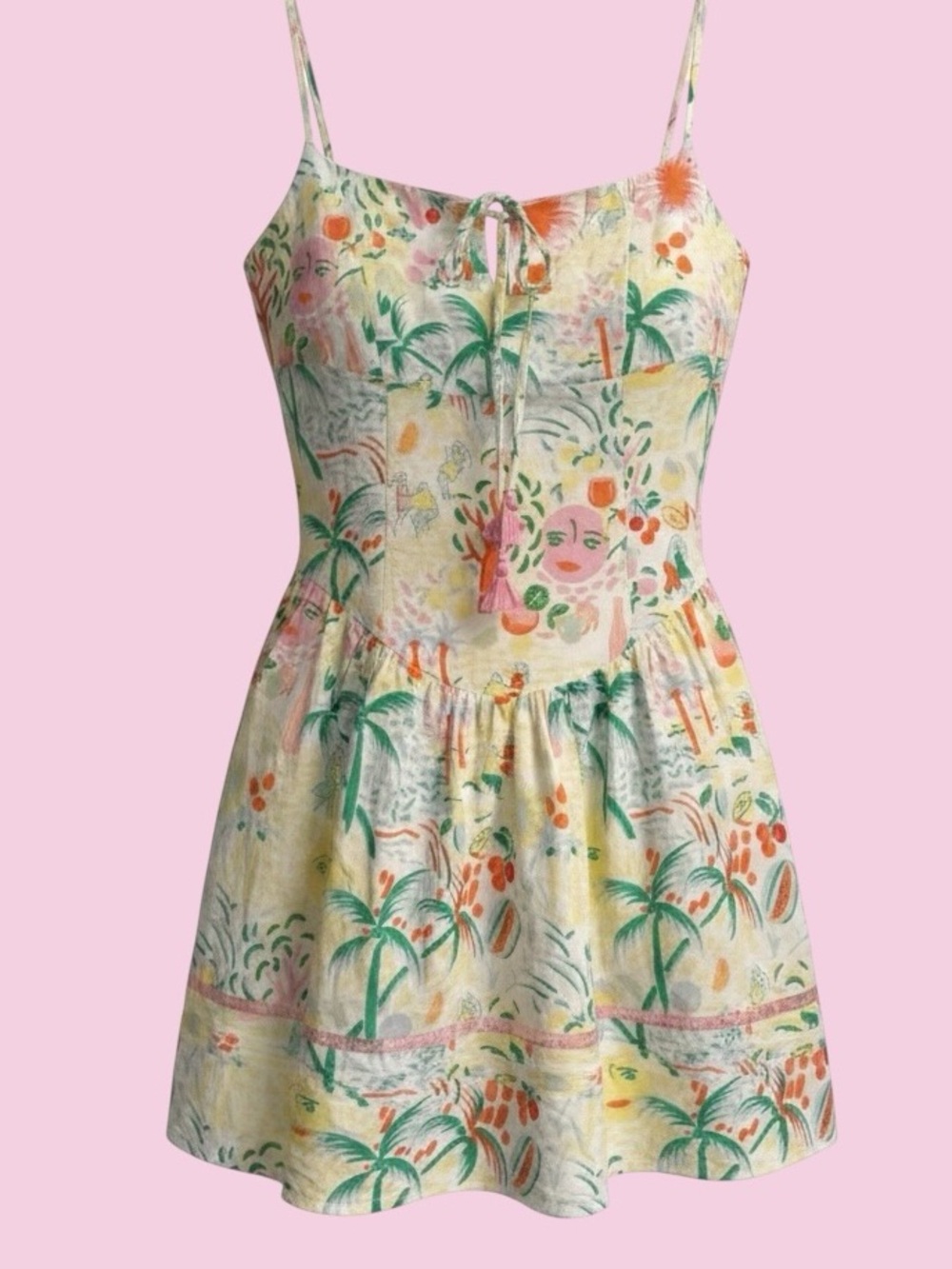 🎀ROLLER RABBIT TARGET🎀Tropical Fruit Floral Sundress🎀Pink Tassel Tie🎀NWT🎀SZ S